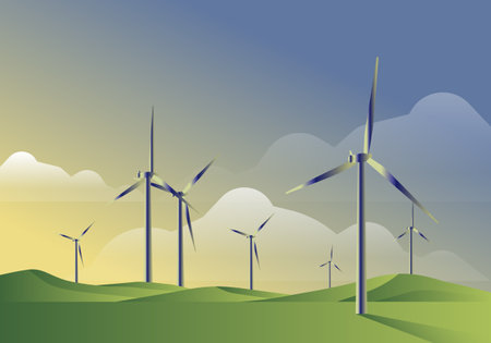 Wind turbine energy generaters on wind farm, with solar panels underneath.