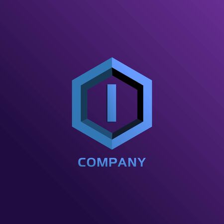 Letter I Alphabetic Logo Design Template, Light Blue, Hexagon Logo Concept, Blue Purple Violet Gradation Backgroundのイラスト素材