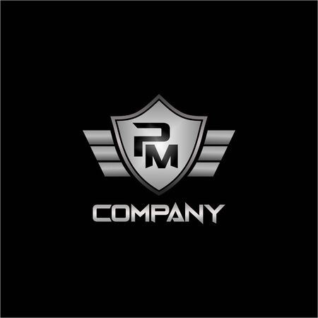 Letter PM Alphabetic Logo Design Template with Shield and Wings Elementのイラスト素材