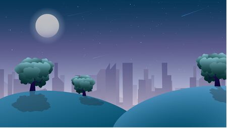 Night Landscape View, Cartoon Vector, Moonlight, Starlight, Calm Ambienceのイラスト素材