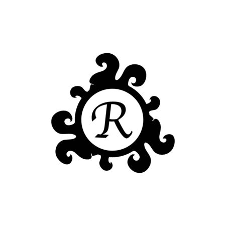 Letter R Decorative Alphabet Logo isolated on white Background. Elegant Curl & Floral Logo Concept. Luxury black Initial Abjad Logo Design Template.のイラスト素材
