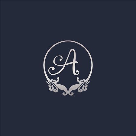 Letter A Decorative Crown Ring Alphabet Logo isolated on Navy Blue Background. Luxury Silver Initial Abjad Logo Design Template. Elegant Curl &amp; Floral Logo Concept. EPS 10 File Projectのイラスト素材