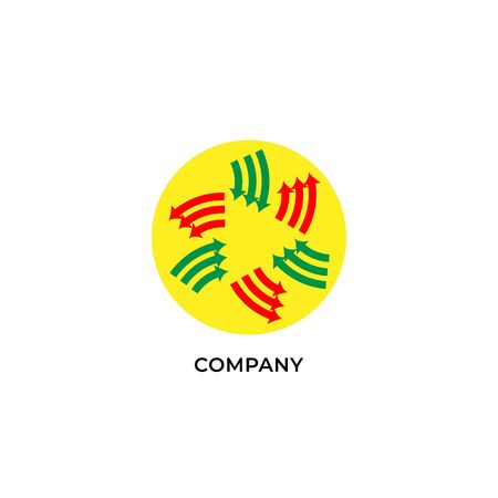 Three layers of red and green arrows with yellow ellipse shape behind. Circulation logo design template. Recycle logo concept isolated on white backgroundのイラスト素材