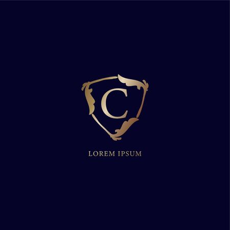 Letter C Alphabetic logo design template. Luxury metalic gold security logo concept. Decorative floral shield sign illustration isolated on navy blue backgroud.のイラスト素材