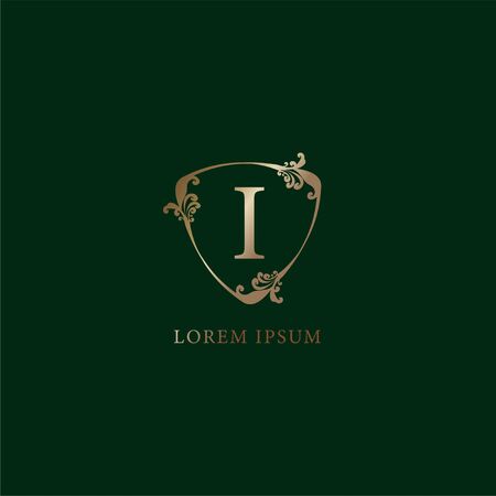 Letter I Alphabetic logo design template. Luxury gold decorative floral shield sign illustration. Insurance logo concept isolated on dark green background,のイラスト素材