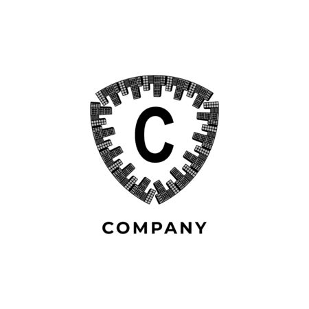 Letter C Alphabet Logo Design Template. Insurance, Security, Protection Logo Concept. Town shield illustration isolated on white background. のイラスト素材