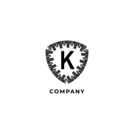 Letter K Alphabet Logo Design Template. Insurance, Security, Protection Logo Concept. Town shield illustration. isolated on white background. のイラスト素材