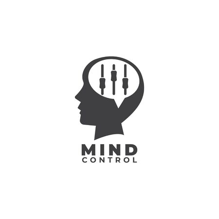 Mind control logo flat design template. Dark Gray Head shilhouette, Speech bubble or callout and equalizer logo concept. Isolated on white background. のイラスト素材