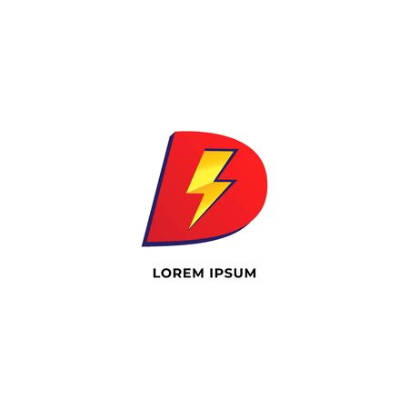 Letter D Initial Logo Design Template Isolated On White Background. Alphabet with thunder icon logo concept. Red, Yellow Orange Gradation Color Theme.のイラスト素材