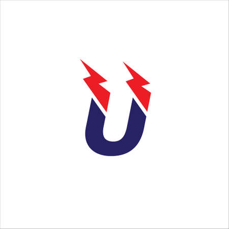 Letter U Initial Logo Design Template Isolated On White Background. Alphabet with Thunder Shape Logo Concept. Hot Red and Dark Blue Color Theme.のイラスト素材
