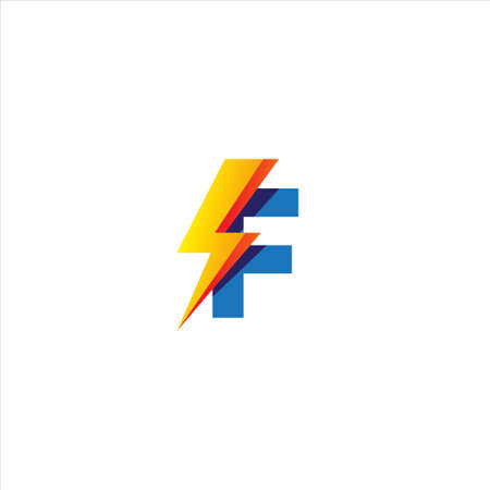 F Letter Initial Logo Design Template. Alphabet with Thunder Shape Logo Concept. Blue and Yellow Orange Gradation Color Theme. Isolated On White Backgroundのイラスト素材
