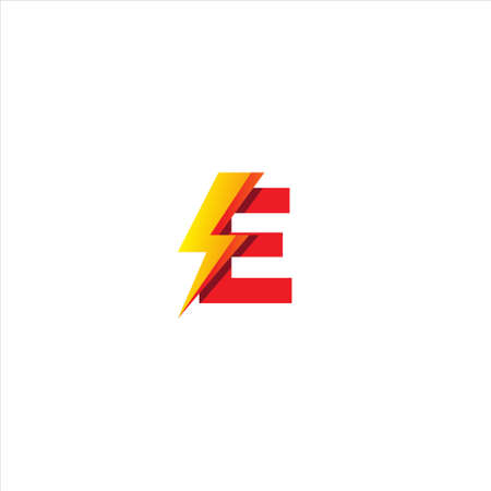 E Letter Initial Logo Design Template Isolated On White Background. Alphabet with Thunder Shape Logo Concept. Hot Red and Yellow Orange Gradation Color Theme.のイラスト素材