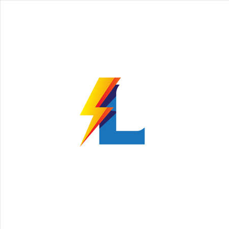 L Letter Initial Logo Design Template Isolated On White Background. Alphabet with Thunder Shape Logo Concept. Blue and Yellow Orange Gradation Color Theme.のイラスト素材