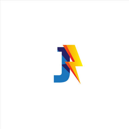 J Letter Initial Logo Design Template. Alphabet with Thunder Shape Logo Concept. Isolated On White Background. Blue and Yellow Orange Gradation Color Theme.のイラスト素材