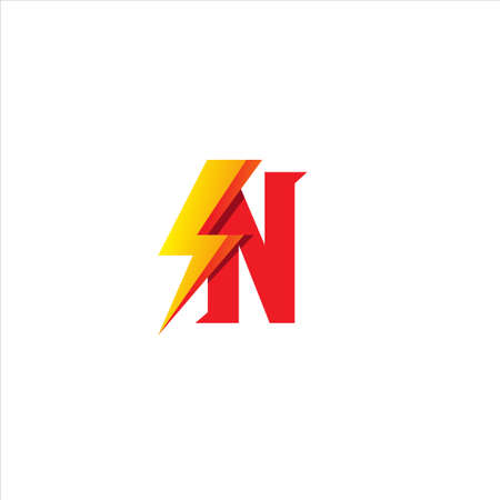 N Letter Initial Logo Design Template Isolated On White Background. Alphabet with Thunder Shape Logo Concept. Hot Red and Yellow Orange Gradation Color Theme.のイラスト素材