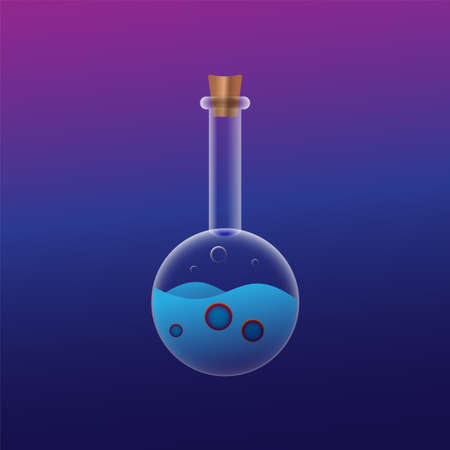 Round Glass Bottle with Blue Magic Potions. Realistic Detailed Vector illustration. Magenta, purple, blue, Multicolor background design. Halloween party decoration elements.のイラスト素材