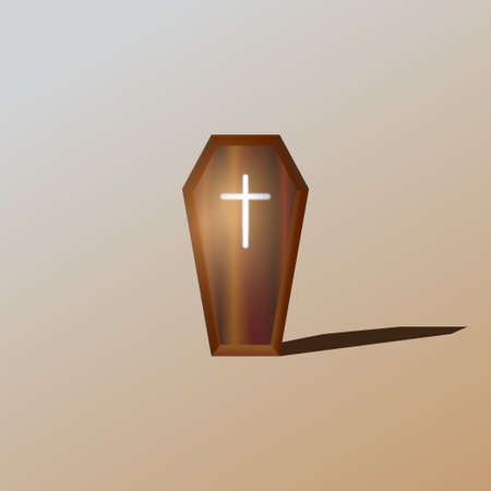 Realistic detailed wooden coffin with Christian Cross vector illustration. Horror or halloween design element.の写真素材