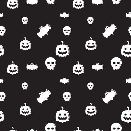 Skull, Bat and Pumpkin shape texture. Seamless pattern design template. Monochrome, black and white color theme. Vector illustrationのイラスト素材