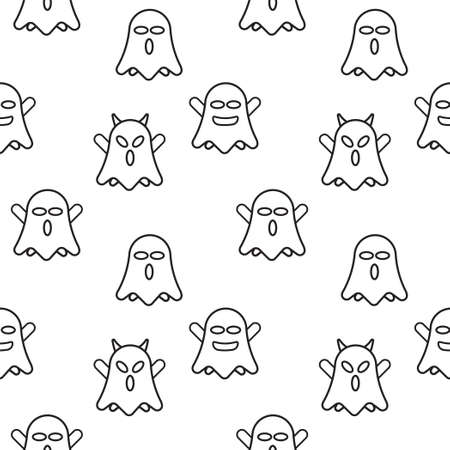 Cute ghost seamless pattern design template. Black outline design style in white color background. Flat character vector illustration.のイラスト素材