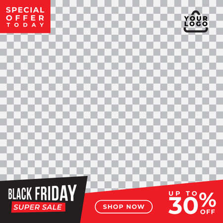 Black Friday sale banner. Social media post design template. Special offer up to 30% off. Black and red color theme. Vector illustrationのイラスト素材