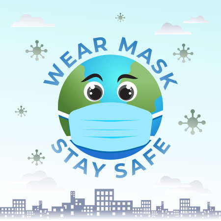 Wear Mask Stay Safe Banner. Earth in blue medical face mask. Coronavirus pandemic vector illustration. Urban sky landscape view with covid-19 spreading. Background design template.のイラスト素材