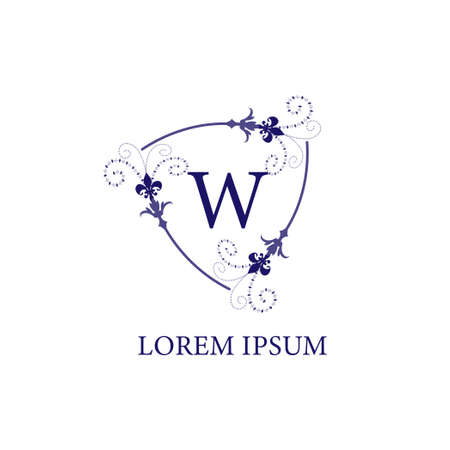 Letter W alphabet initial logo design template. Decorative floral shield with Lily Flower ornament. Isolated on white background. Purple Violet Color Theme.のイラスト素材
