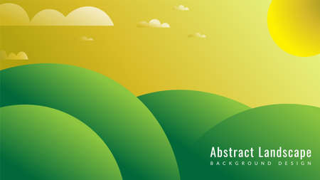 Abstract minimal landscape view with sky, clouds, hills and sun shape element. Background design template. Creative vector illustration. Green and yellow color theme.のイラスト素材