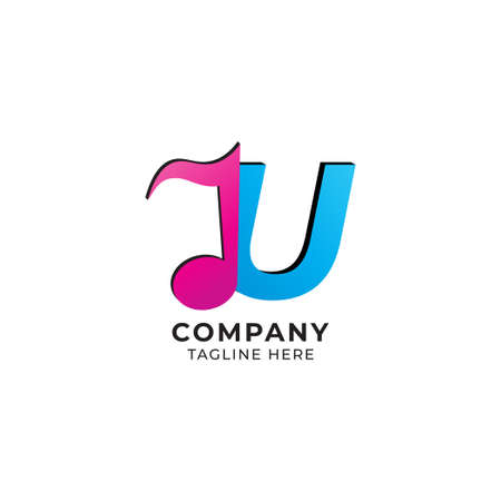 Colorful Letter U Alphabet Music Logo Design Isolated on White Background. Initial and Musical Note Logo Concept. Pink Magenta, Blue Color Theme.  Monogram Lettermark Logotypeのイラスト素材