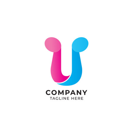 Cute Letter U Alphabet Music Logo Design Isolated on White Background. Initial and Musical Note logo concept. Sweet Pink, Pastel Blue, Soft Color Gradient. Monogram Lettermark Logotype.のイラスト素材