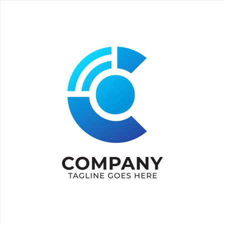 Letter C alphabet with wifi signal icon. Wireless technology logo design template for internet service provider company, apps, website, network installation services etc. Blue as color identity.のイラスト素材