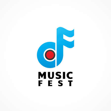 Flag Music Fest. Abstract Musical Note with Record Button Vector Illustration. Letter CF Alphabet Initial Logo For Artist Management Company, Community, Festival, Content Creator. Red and Blue Color Theme.のイラスト素材