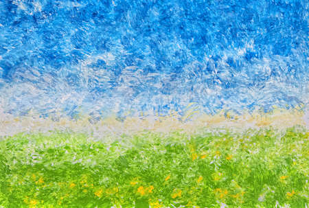 An abstract of splattered acrylic paint and distinct brush strokes to  form of a landscape of field and sky.の写真素材