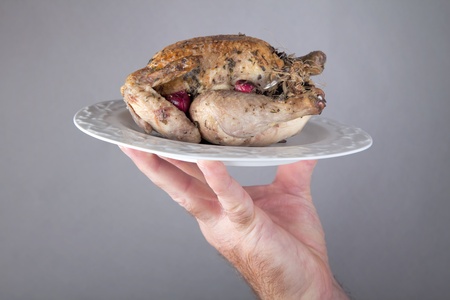 A roasted and stuffed cornish hen on a white china plate with some decorative cranberries.の写真素材
