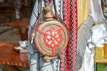 Canteen drinking water bottle made of woodの写真素材