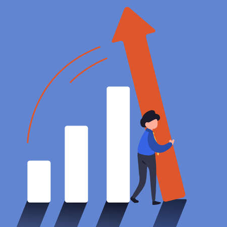 Business concept flat style businessman pushing bar chart. Business person holding bar chart from being fall over metaphor of survive and grow. Business crisis management. Design vector illustrationのイラスト素材