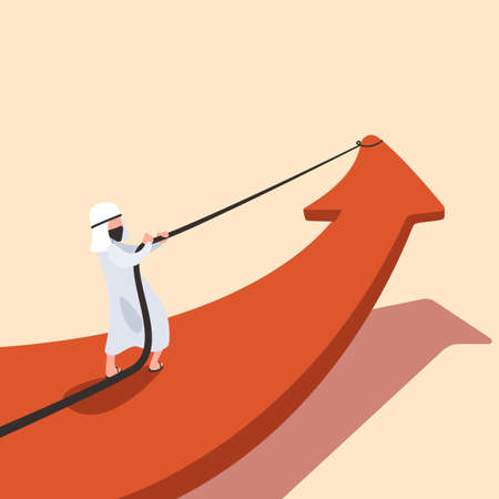 Business concept flat style Arab businessman pulling big red arrow with rope and making it raise up. Marketing and finance. Symbol arrow of success. Leadership, achievement. Design vector illustrationのイラスト素材
