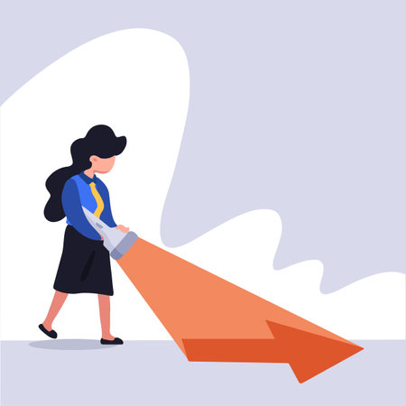 Business concept design businesswoman with flashlight uncovering hidden arrow sign. Searching direction clue. Uncovering direction. Idea of discovering hidden success. Vector illustration flat cartoonのイラスト素材