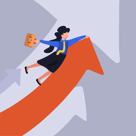Business concept design businesswoman holding on up arrow symbol. Female manager flying on growth arrow up. Business development, success strategy, innovation. Vector illustration flat cartoon styleのイラスト素材