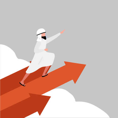 Business concept flat Arabian businessman leader stands on arrows and points direction forward. Male worker flying using rapid up arrows symbol. Success business manager. Design vector illustrationのイラスト素材