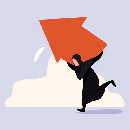 Business flat drawing Arabian businesswoman carrying heavy arrows. Motivated female manager carry huge arrow face up on back reach financial stability and goal achievement. Cartoon vector illustrationのイラスト素材