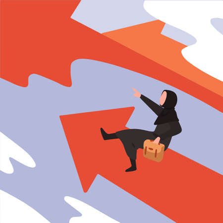 Business concept flat Arabian businesswoman pointing, driving arrow upward. Business moving forward...