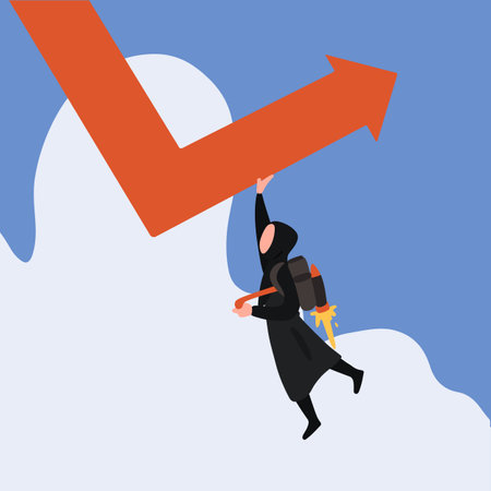 Business flat drawing Arabian businesswoman with jetpack turning direction of graph to point upward. Female manager making business profitable. Growth, challenge. Cartoon graphic vector illustrationのイラスト素材