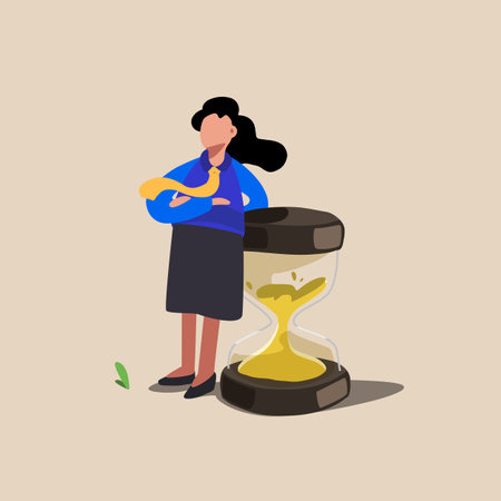Business concept flat relax businesswoman lean on huge giant hourglass. Effective time management, successfully task organizing, financial investment. Deadline, timeliness. Design vector illustrationのイラスト素材