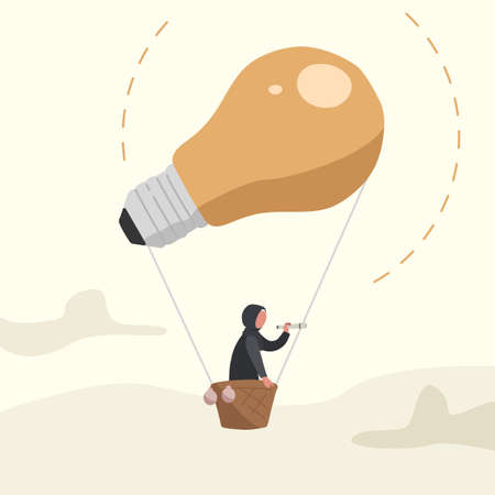 Business concept design Arabic businesswoman flying on air balloon with light bulb. Female character looking through spyglass search of creative idea. Business vision. Vector illustration flat cartoonのイラスト素材
