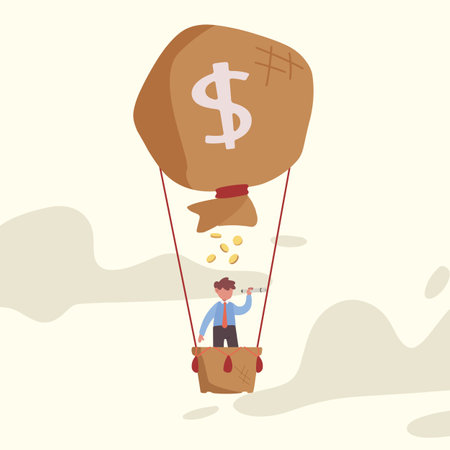 Business flat drawing happy businessman in hot air balloon with money bag looking with telescope or monocular. Business concept searching, growth, leadership, investment. Cartoon vector illustrationのイラスト素材