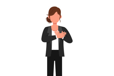 Business flat cartoon style drawing of businesswoman keeping hands on chest. Female suffering from chest pain or heart attack. Healthcare. Emotion and body language. Graphic design vector illustrationのイラスト素材