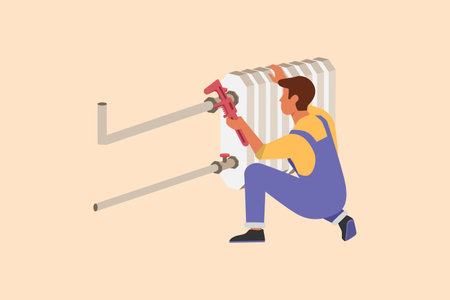 Business flat cartoon style drawing plumber repair or installation of batteries. Repairman fixing pipes in heater battery radiator. Maintenance professional service. Graphic design vector illustrationのイラスト素材