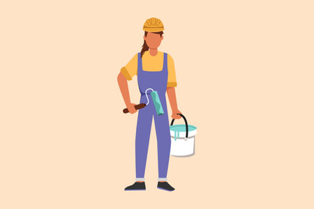Business design drawing beauty repairwoman standing and holding roller with paint bucket, home repairs, painting walls in house, apartment, professional painter. Flat cartoon style vector illustrationのイラスト素材