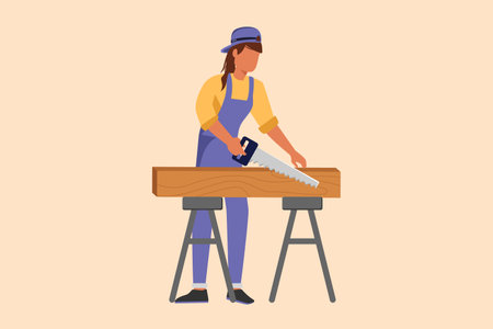 Business flat cartoon style drawing builder or carpenter repairwoman sawing boards. Building, construction, repair services. Real estate, housing. Business timber. Graphic design vector illustrationのイラスト素材