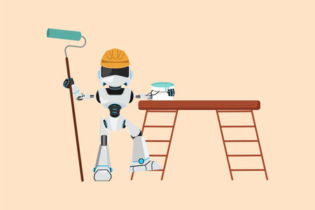 Business flat drawing robot repairman painter standing with painting roller brush, bucket, ladder. Room painter. Humanoid cybernetic organism. Robotic development. Cartoon design vector illustrationのイラスト素材